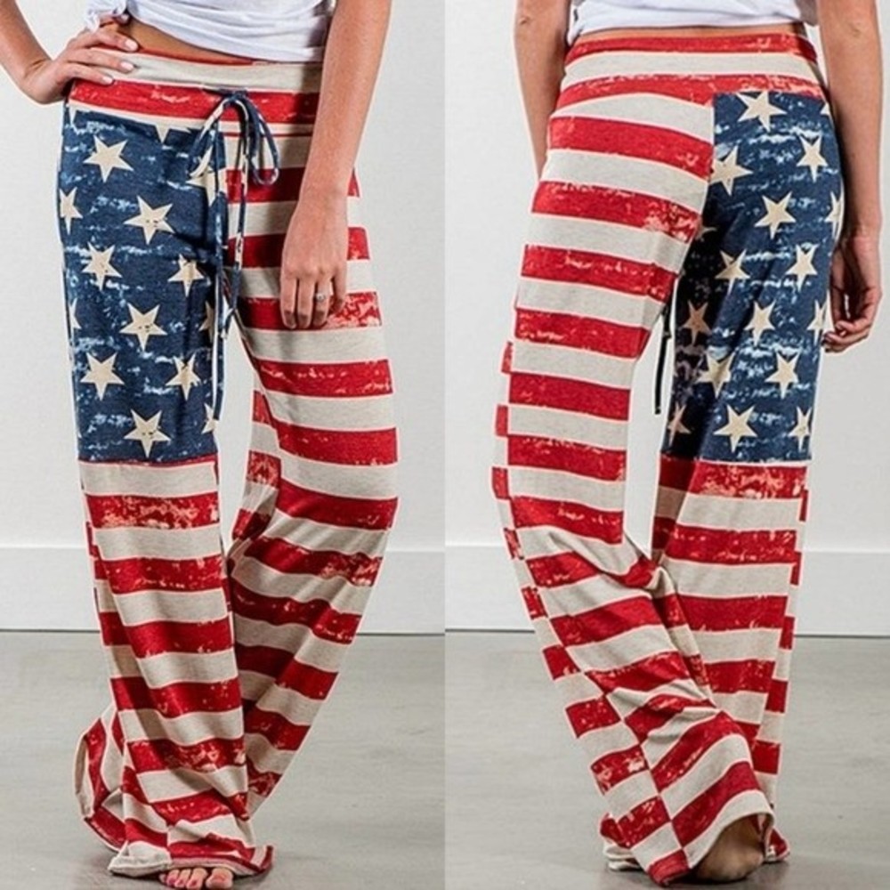 Red Stars & Stripes Wide Leg Palazzo Pants Medium Patriotic Festival Lounge Chic